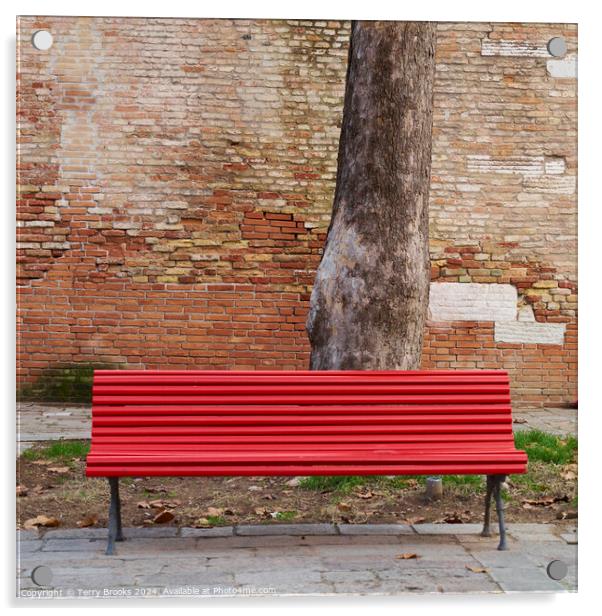 Solitary Red Bench in Venice Italy Acrylic by Terry Brooks