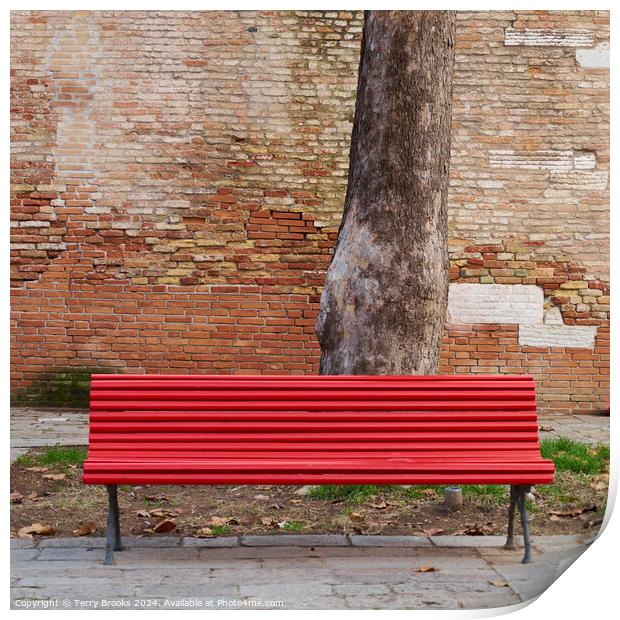 Solitary Red Bench in Venice Italy Print by Terry Brooks
