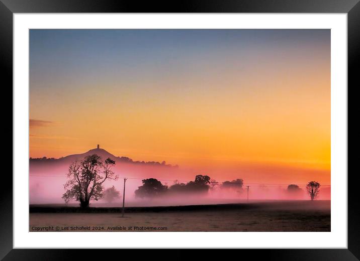 Glastonbury Tor Misty Sunrise Framed Mounted Print by Les Schofield