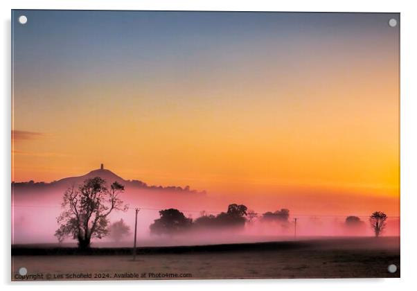 Glastonbury Tor Misty Sunrise Acrylic by Les Schofield