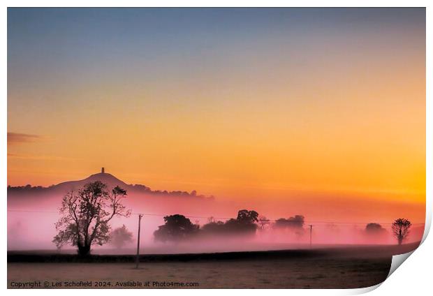 Glastonbury Tor Misty Sunrise Print by Les Schofield