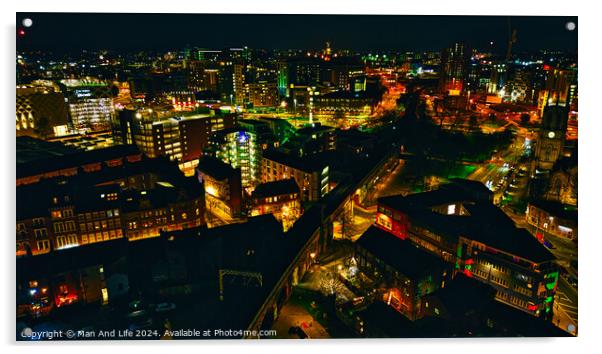 Aerial night view of a vibrant cityscape with illuminated streets and buildings in Leeds, UK. Acrylic by Man And Life