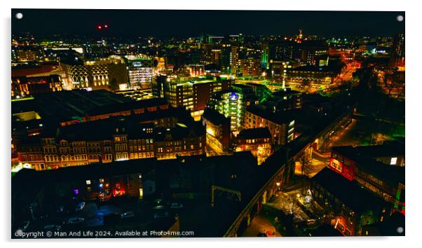 Cityscape at night with illuminated buildings and streets in Leeds, UK. Acrylic by Man And Life