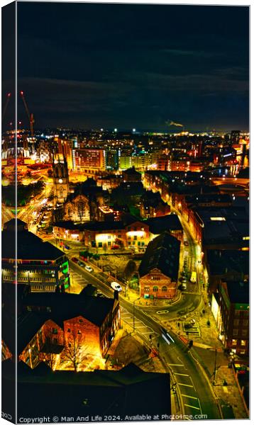 Aerial night view of a cityscape with illuminated streets and buildings, showcasing urban architecture in Leeds, UK. Canvas Print by Man And Life