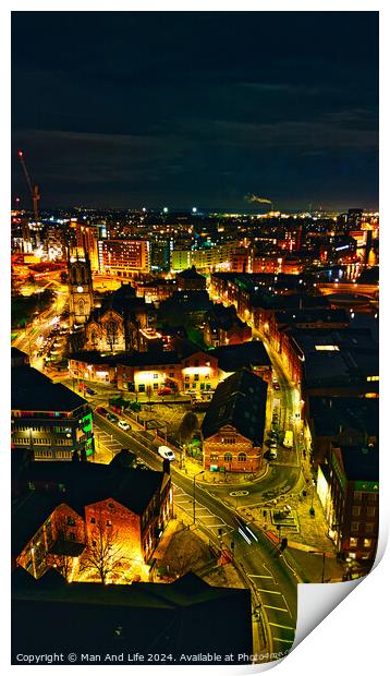 Aerial night view of a cityscape with illuminated streets and buildings, showcasing urban architecture in Leeds, UK. Print by Man And Life