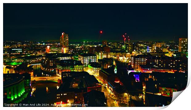 City skyline at night with illuminated buildings and vibrant urban lights in Leeds, UK. Print by Man And Life