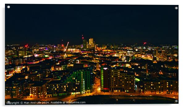 Panoramic night view of a vibrant cityscape with illuminated buildings and streets in Leeds, UK. Acrylic by Man And Life