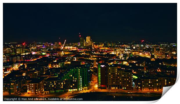 Panoramic night view of a vibrant cityscape with illuminated buildings and streets in Leeds, UK. Print by Man And Life