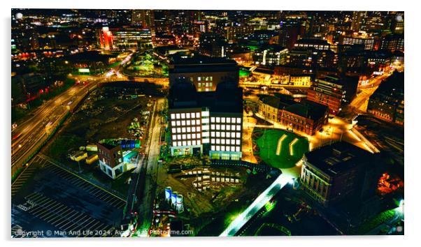 Aerial night view of an illuminated urban office building amidst city lights in Leeds, UK. Acrylic by Man And Life