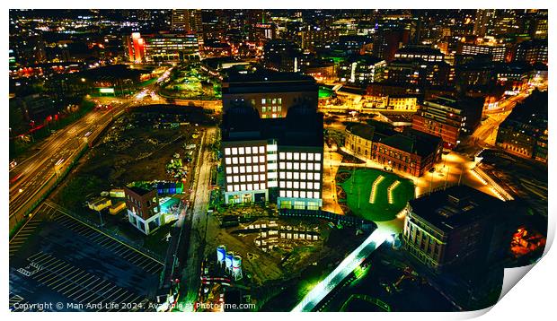 Aerial night view of an illuminated urban office building amidst city lights in Leeds, UK. Print by Man And Life
