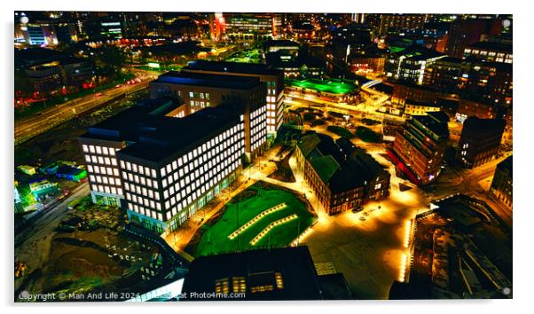 Aerial night view of an illuminated urban landscape with buildings and streets in Leeds, UK. Acrylic by Man And Life