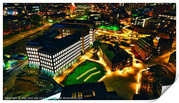Aerial night view of an illuminated urban landscape with buildings and streets in Leeds, UK. Print by Man And Life