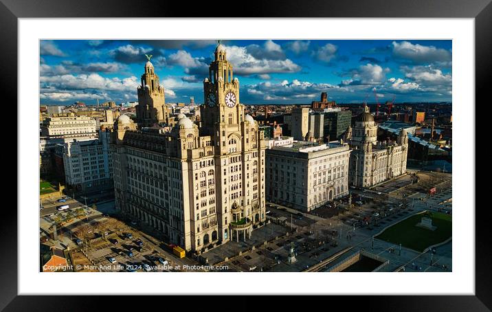 Aerial view of historic urban architecture with iconic buildings under a cloudy sky in Liverpool, UK. Framed Mounted Print by Man And Life