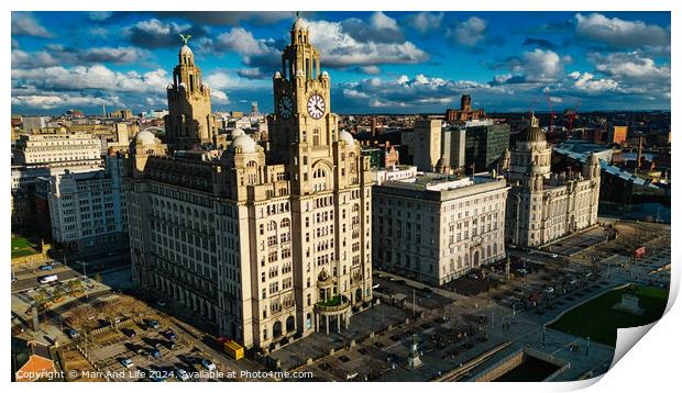 Aerial view of historic urban architecture with iconic buildings under a cloudy sky in Liverpool, UK. Print by Man And Life