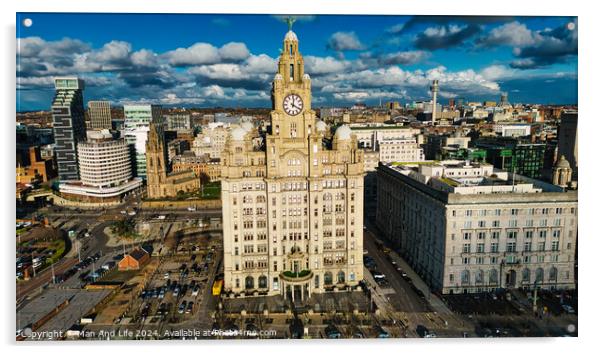 Aerial view of a historic clock tower and surrounding buildings under a cloudy sky in Liverpool, UK. Acrylic by Man And Life