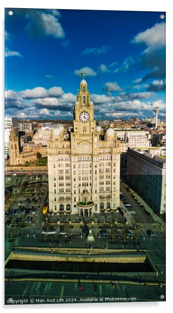 Aerial view of the historic Royal Liver Building in Liverpool, UK, with dramatic clouds in the sky. Acrylic by Man And Life