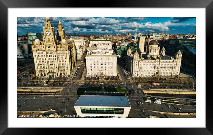 Aerial view of Liverpool's historic waterfront buildings under a dramatic sky. Framed Mounted Print by Man And Life