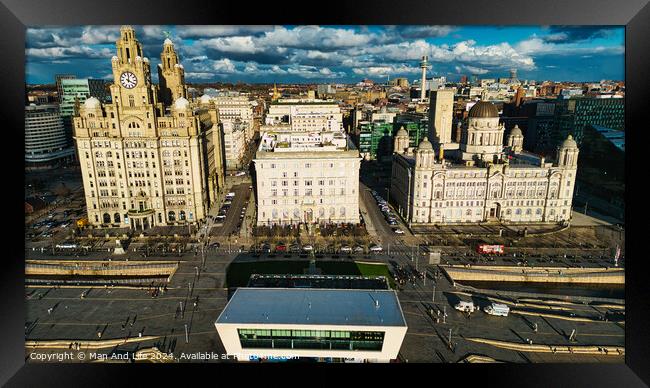 Aerial view of Liverpool's historic waterfront buildings under a dramatic sky. Framed Print by Man And Life