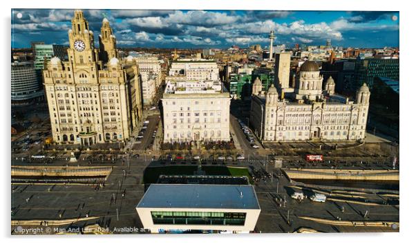 Aerial view of Liverpool's historic waterfront buildings under a dramatic sky. Acrylic by Man And Life