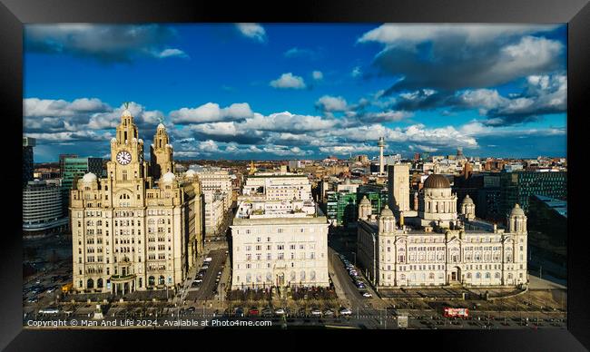 Aerial view of historic waterfront buildings under a dramatic sky with clouds in Liverpool, UK. Framed Print by Man And Life