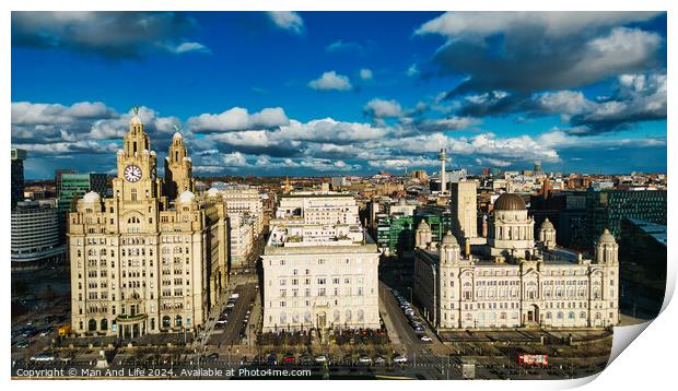 Aerial view of historic waterfront buildings under a dramatic sky with clouds in Liverpool, UK. Print by Man And Life