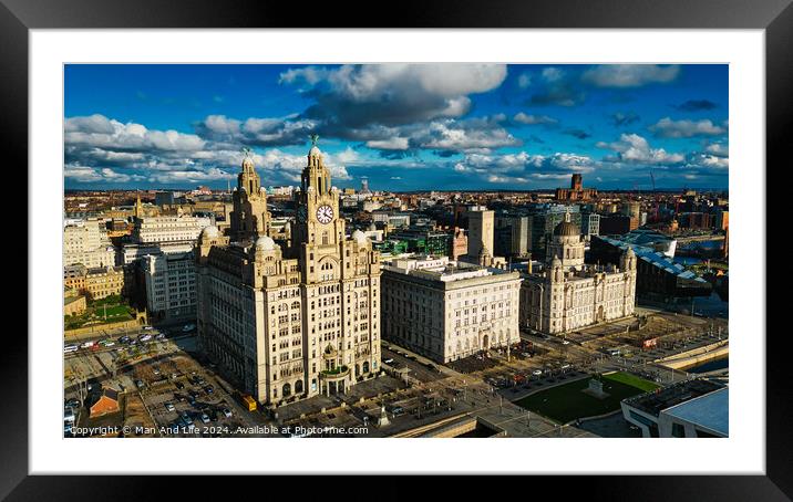 Aerial view of iconic historic buildings under a dramatic sky in Liverpool, UK. Framed Mounted Print by Man And Life