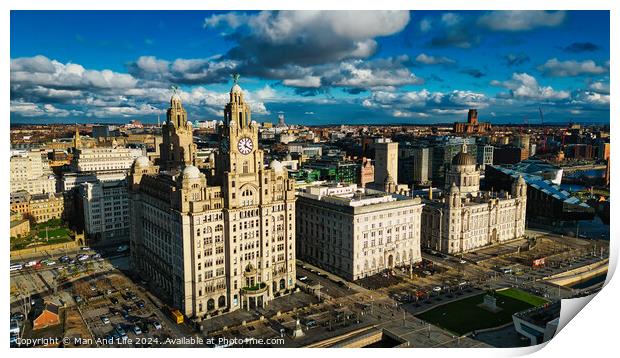 Aerial view of iconic historic buildings under a dramatic sky in Liverpool, UK. Print by Man And Life