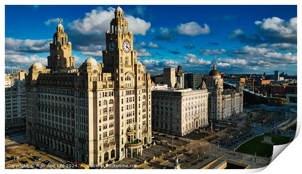 Dramatic skyline with historic buildings under a cloudy blue sky in Liverpool, UK. Print by Man And Life