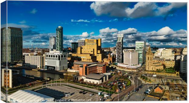 Panoramic cityscape with modern skyscrapers under a blue sky with fluffy clouds in Liverpool, UK. Canvas Print by Man And Life