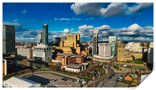 Panoramic cityscape with modern skyscrapers under a blue sky with fluffy clouds in Liverpool, UK. Print by Man And Life