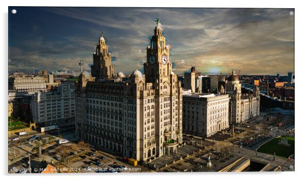 Dramatic skyline of Liverpool with iconic Liver Building at sunset, showcasing the city's architecture and urban landscape. Acrylic by Man And Life