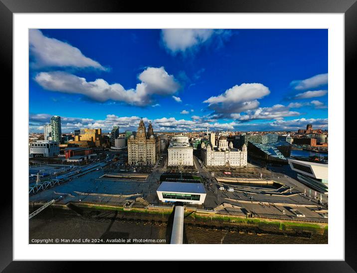 Panoramic view of a modern cityscape under a blue sky with fluffy clouds in Liverpool, UK. Framed Mounted Print by Man And Life