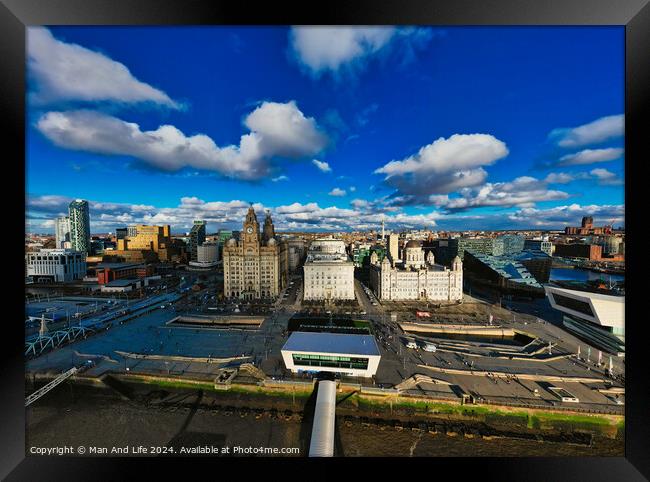 Panoramic view of a modern cityscape under a blue sky with fluffy clouds in Liverpool, UK. Framed Print by Man And Life