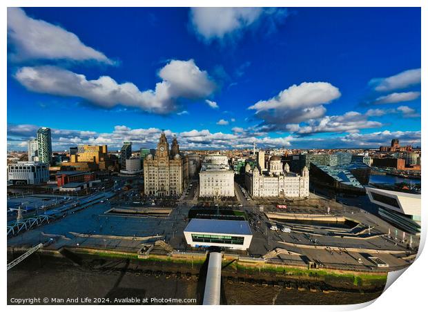 Panoramic view of a modern cityscape under a blue sky with fluffy clouds in Liverpool, UK. Print by Man And Life