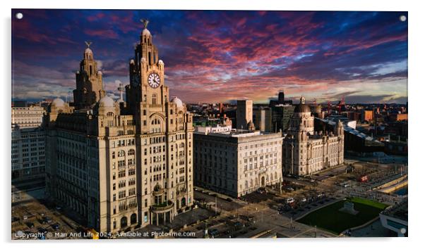 Aerial view of iconic Liverpool waterfront buildings at sunset with dramatic sky. Acrylic by Man And Life