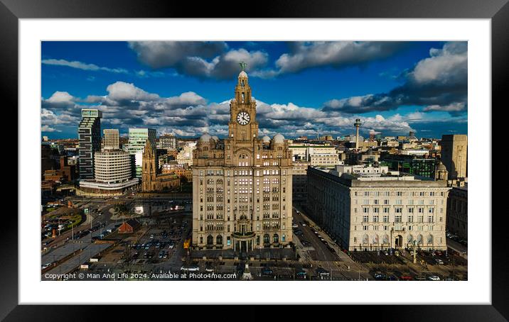 Aerial view of a cityscape with historic buildings under a cloudy sky in Liverpool, UK. Framed Mounted Print by Man And Life