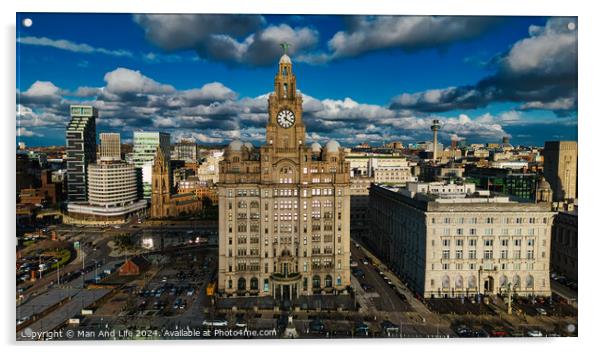 Aerial view of a cityscape with historic buildings under a cloudy sky in Liverpool, UK. Acrylic by Man And Life