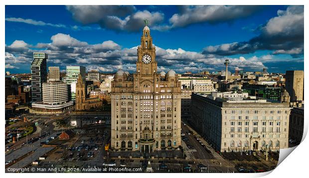 Aerial view of a cityscape with historic buildings under a cloudy sky in Liverpool, UK. Print by Man And Life