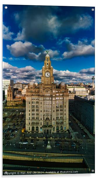 Dramatic sky over historic clock tower building in urban landscape in Liverpool, UK. Acrylic by Man And Life