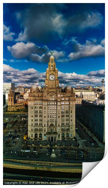 Dramatic sky over historic clock tower building in urban landscape in Liverpool, UK. Print by Man And Life