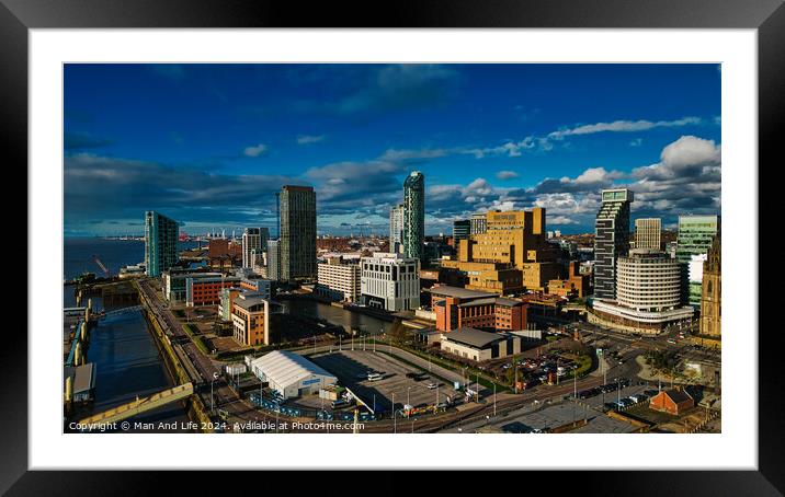 Dramatic cityscape with modern skyscrapers under a dynamic sky in Liverpool, UK. Framed Mounted Print by Man And Life