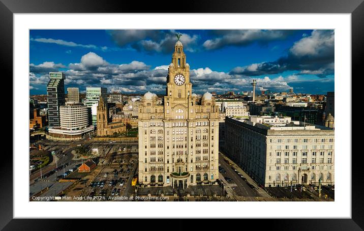 Aerial view of the iconic Royal Liver Building in Liverpool, UK, with dramatic clouds in the sky. Framed Mounted Print by Man And Life