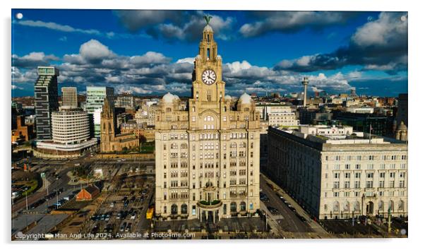 Aerial view of the iconic Royal Liver Building in Liverpool, UK, with dramatic clouds in the sky. Acrylic by Man And Life