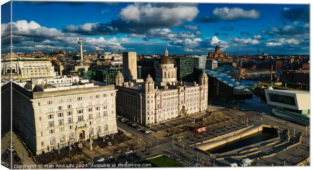 Aerial view of a historic cityscape with dramatic clouds and sunlight, showcasing iconic buildings and a river in Liverpool, UK. Canvas Print by Man And Life
