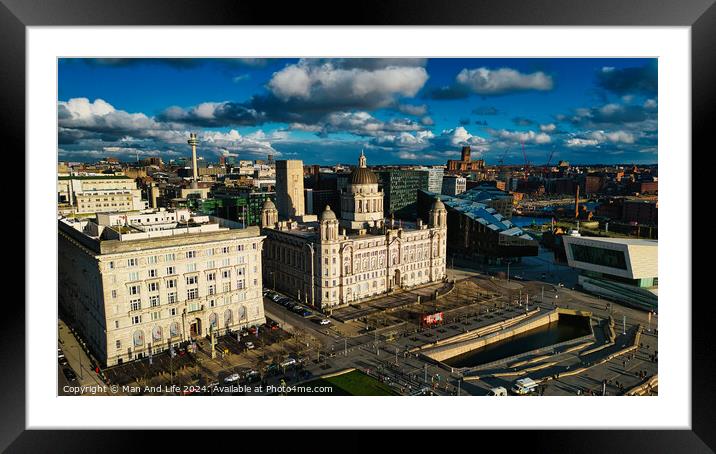 Aerial view of a historic cityscape with dramatic clouds and sunlight, showcasing iconic buildings and a river in Liverpool, UK. Framed Mounted Print by Man And Life