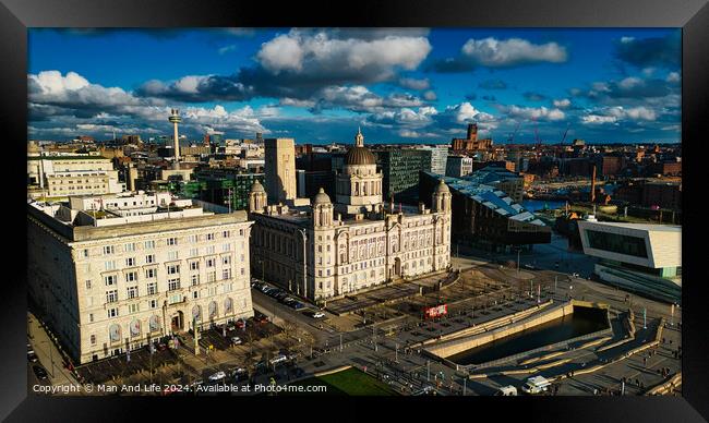 Aerial view of a historic cityscape with dramatic clouds and sunlight, showcasing iconic buildings and a river in Liverpool, UK. Framed Print by Man And Life