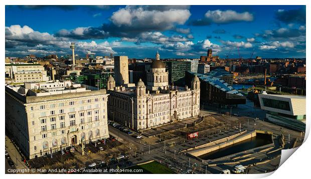 Aerial view of a historic cityscape with dramatic clouds and sunlight, showcasing iconic buildings and a river in Liverpool, UK. Print by Man And Life