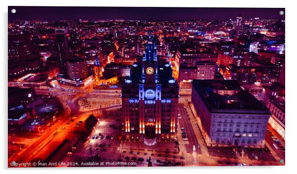 Aerial night view of a cityscape with illuminated buildings and streets, showcasing urban architecture and vibrant city life in Liverpool, UK. Acrylic by Man And Life
