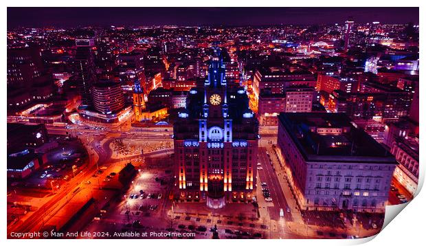 Aerial night view of a cityscape with illuminated buildings and streets, showcasing urban architecture and vibrant city life in Liverpool, UK. Print by Man And Life