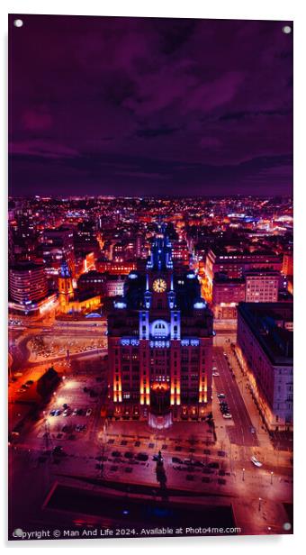 Aerial night view of a cityscape with illuminated buildings under a purple sky in Liverpool, UK. Acrylic by Man And Life